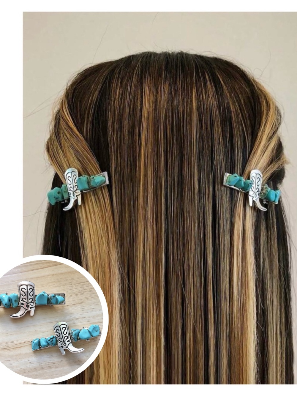 Western cowboy boot + turquoise stones hair clips, new!